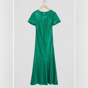 Anthropologie Brynne Maxi Tee Dress emerald green Holly satin bias cut keyhole